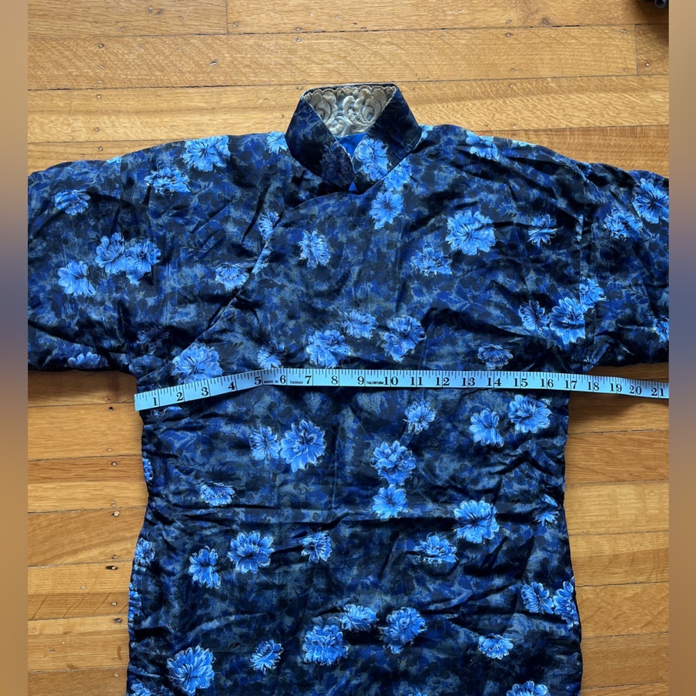 Vintage SILK cheongsam qipao blue floral S padded winter tang chinese dress - Picture 6 of 9